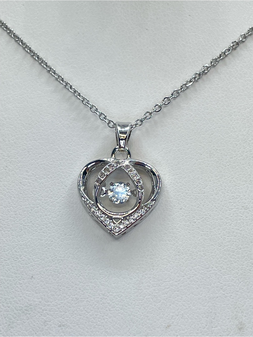 Stainless Steel White Crystal Heart Pendant Necklace Floating Crystal Charm